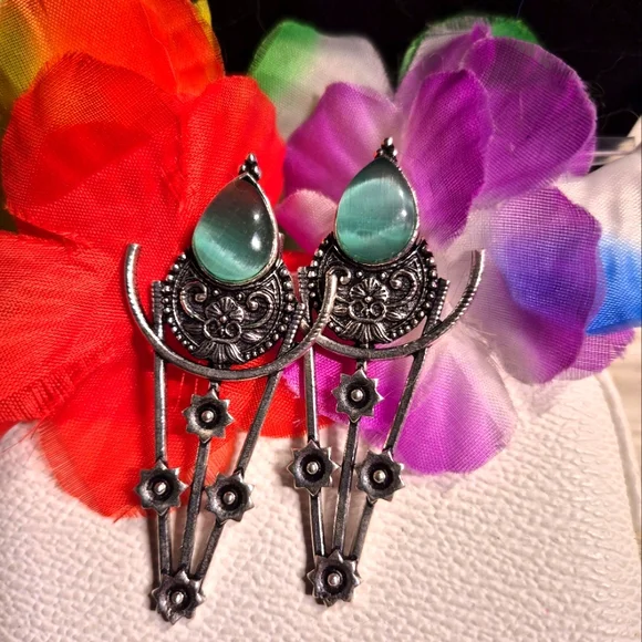 Silver and Green Bohemian Statement Earrings - Picture 1 of 4